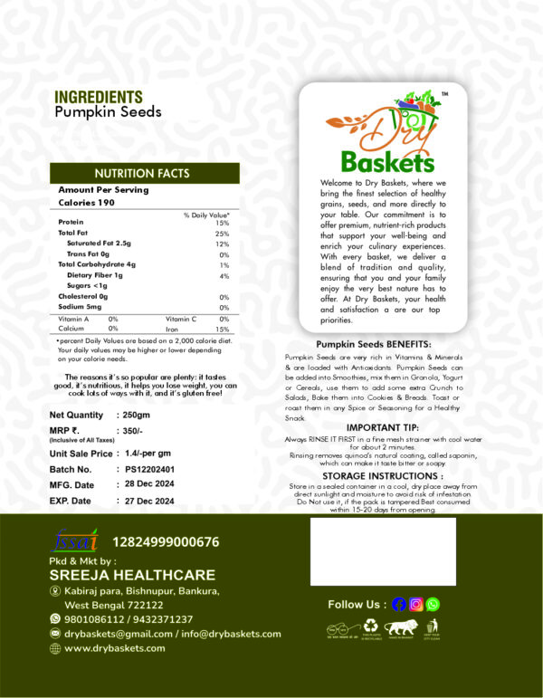 Dry Baskets Raw Pumpkin Seeds | Protein & Zinc Rich | 100% Natural, Non-GMO, Gluten-Free | Perfect for Snacking & Baking – 250g - Image 4